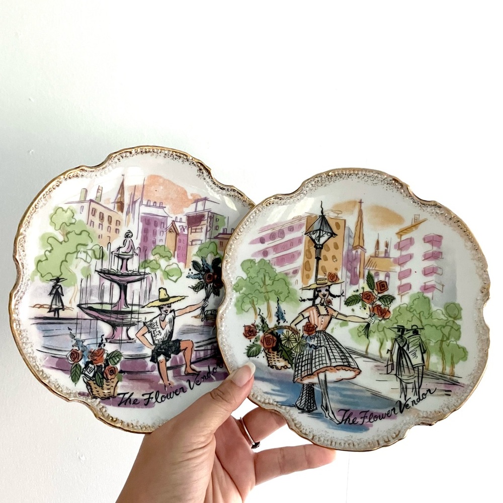 Vintage 50’s The Flower Vendor decorative plates set of 2
